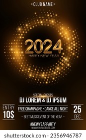 Party flyer for New Year 2024. Abstract circles with glowing dots and gold glitter numbers. Invitation from a nightclub to a music event. Vector illustration. EPS 10.