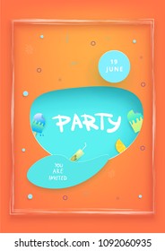 Party flyer. Paper cut effect shapes. Vertical template for summer holiday design.  Element  for social media invitation post. Vector illustration.