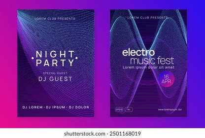 Party Flyer. Sound Design. Night Club Concert Template. Soundwave Radio Illustration. Green Discotheque Set. Blue Edm Event. Electro Vector. Violet Party Flyer