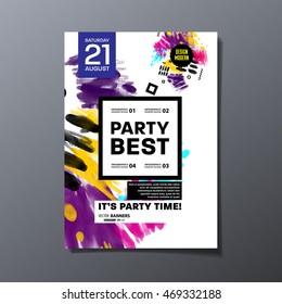 Party flyer template with abstract watercolor background design. All aquarelle elements are monochrome and easy to recolor.
