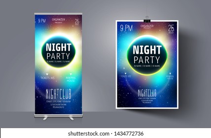 Party Flyer Template On The Background Of The Moon And Space. Abstract Vector Background. Night Club Flyer. Galaxy Illustration. Brochure Template  Background. Vector Cosmic Illustration.