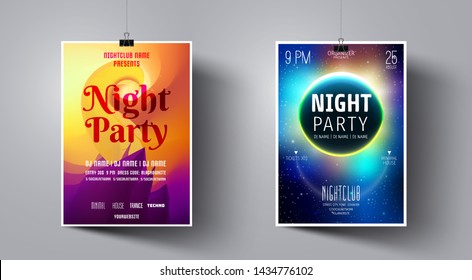 Party Flyer Template with Purple and Orange color. Colorful Abstract Vector Illustration. Party Flyer Template on the Background of the Moon and Galaxy Space.  Night Club Dj Poster. 