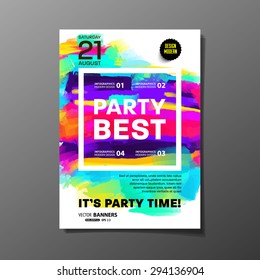 Party Flyer Template. Vector Design. Abstract Paint Colorful Background.