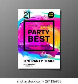 Party Flyer Template. Vector Design. Abstract Paint Colorful Background.