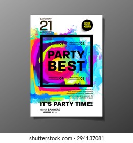 Party Flyer Template. Vector Design. Abstract Paint Colorful Background.