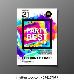 Party Flyer Template. Vector Design. Abstract Paint Colorful Background.