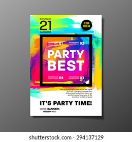 Party Flyer Template. Vector Design. Abstract Paint Colorful Background.