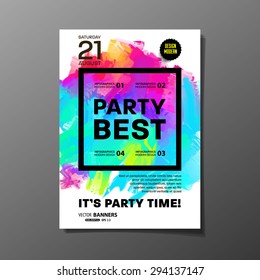 Party Flyer Template. Vector Design. Abstract Paint Colorful Background.