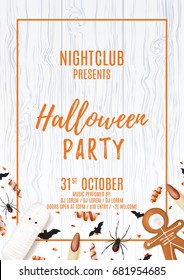 Party flyer with treats for halloween. Top view on spiders, paper bats and confetti on wooden texture. Vector illustration with cookies. Invitation to nightclub with serpentine.