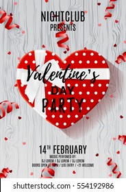 Party flyer for Valentine's Day. Beautiful poster with red gift box in the form of heart. Vector illustration with serpentine and confetti on wooden textore. Invitation to nightclub.