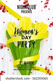 Party flyer for Women's Day. Beautiful poster with yellow tulip and satin ribbon. Vector illustration with serpentine and confetti on wooden texture. Invitation to nightclub.