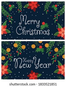 Party flyers for Merry Christmas  and Happy New Year. Invitation Templates. Or greeting cards with Festive Elements such as Berries, Pine Branches, Christmas Tree Decorations and 
garland.