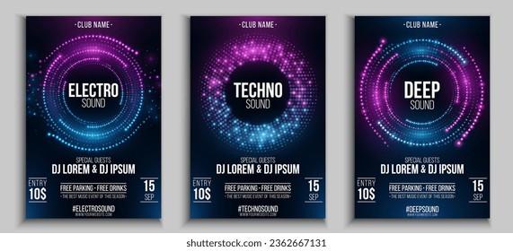 Party flyers set for your musical event. Futuristic circles of glowing particles. Invitation from a nightclub to a music event. Club and DJ name. Vector illustration. EPS 10.