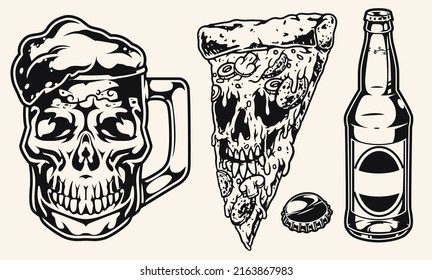 Party food monochrome sketch horror alcohol and food to celebrate dedications student fraternities glass beer in shape skull vector illustration