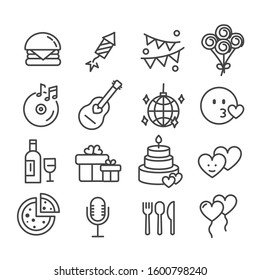 Party and food for valentines day icon set isolated. Modern outline on white background