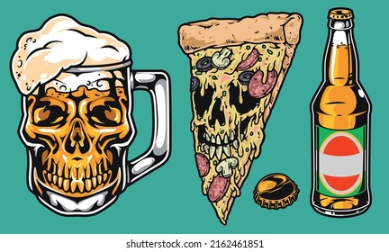 Party food vintage element colorful cold alcoholic drinks beer and pizza with scary face for student fraternities party vector illustration