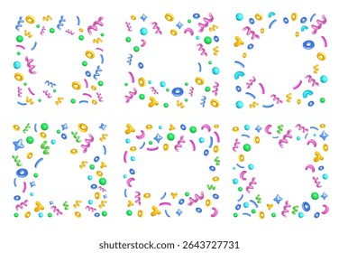 Partyframes met 3D confetti. Feestelijke viering grenst aan verspreide 3D-vormen van wervelstroomers, cirkels en vonksterren. Decoratief vierkant frame met confetti explosie vector sjablonen set.