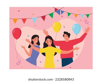 Party with friends celebrating the fun and hands up while joyfull with birthday decorations. Design. Vector flat illustration