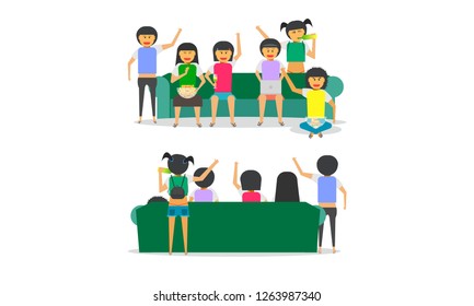 party friendship together girl woman group sofa front-back view vector illustration ep10