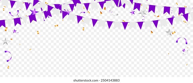 Party fun greeting with paper triangular garland and star confetti element template banner