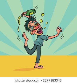 Party funny drunk man holding bottle. vector stock illustration.