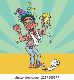 Party funny drunk man holding bottle. vector stock illustration.