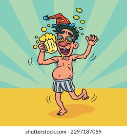 Party funny drunk man holding bottle. vector stock illustration.