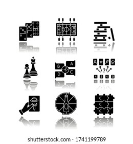 Party games drop shadow black glyph icons set. Recreation activities, fun pastime. Various competitive and educational games for friends and family. Isolated vector illustrations on white space