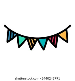 Party Garland on string of flags, birthday symbol. Simple style festive string of flags for design of children entertainment center. Color stroke icon isolated on white background
