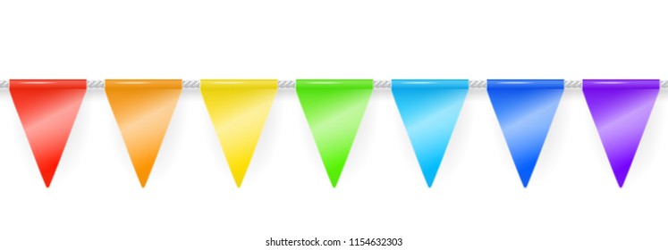 Party garland of rainbow colored triangle flags. Vector seamless illustration