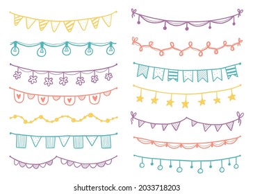 Party garland set with flag, bunting, pennant. Hand drawn sketch doodle style garland. Vector illustration for birthday, festival, carnival drawn decoration.
