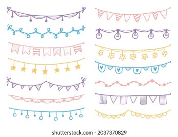 Party garland set with flag, bunting, pennant. Hand drawn sketch doodle style garland. Vector illustration for birthday, festival, carnival drawn decoration.