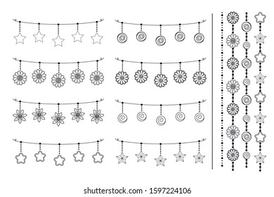 Party Garland Set. Isolated Objects On White. Celebration Elements With Beads, Flowers, Stars And Balls For Carnival Or Festival. Vector Decoration for Christmas Or Birthday Evening. Outline Doodle. 