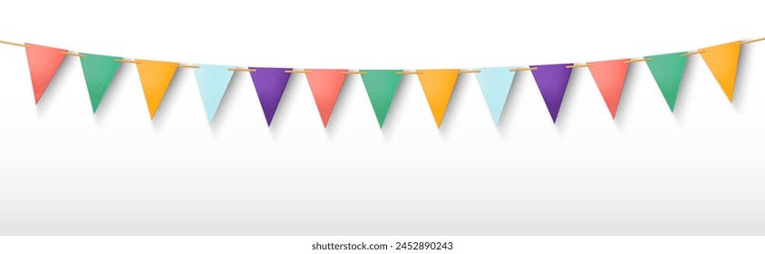 Party garland with triangle flags isolated on white background. Vector realistic illustration of birthday, anniversary, carnival decoration banner with dotted and striped color pennants on string
