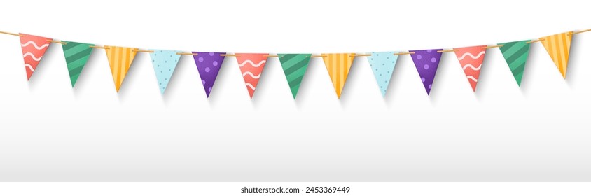 Party garland with triangle flags isolated on white background. Vector realistic illustration of birthday, anniversary, carnival decoration banner with dotted and striped color pennants on string