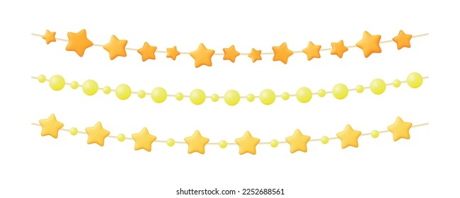 Party garlands, 3d stars and beads. Festive bright isolated garland, summer seasonal festival 3d decoration. Birthday, presentation or anniversary vector decor