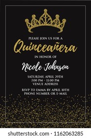 Quinceañera party for girl 15 years vector printable invitation card with golden glitter elements