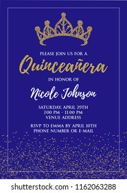 Quinceañera party for girl 15 years vector printable invitation card with golden glitter elements