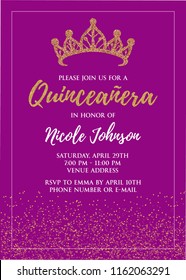 Quinceañera party for girl 15 years vector printable invitation card with golden glitter elements