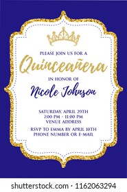 Quinceañera Party For Girl 15 Years Vector Printable Invitation Card With Golden Glitter Elements