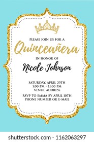 Quinceañera party for girl 15 years vector printable invitation card with golden glitter elements