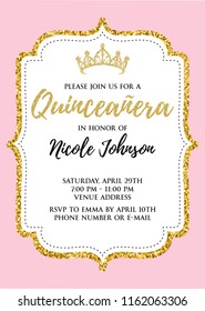 Quinceañera party for girl 15 years vector printable invitation card with golden glitter elements