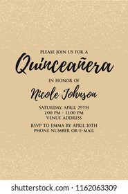 Quinceañera party for girl 15 years vector printable invitation card with golden glitter elements