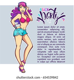 Party girl, vector template for your beach party invitation