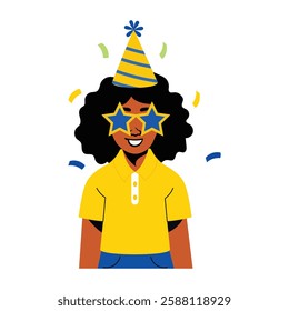 Party girl wearing star glasses and cone hat, flat illustration