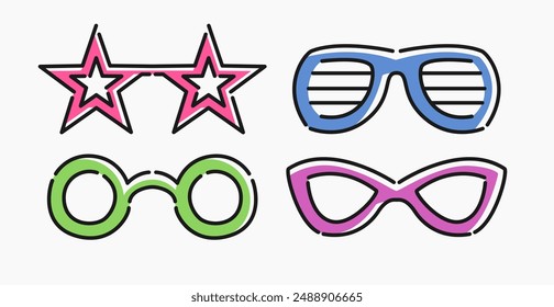 party glasses cartoon flat line art. Illustration of party glasses set, suitable for needs related to new year, celebrations, holidays, birthdays, parties and more.