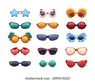 Party glasses. Cartoon funny fashion sunglasses with reflections. Round colorful summer spectacles. Different shapes eyewear. Plastic rims and sun protection lens. Vector accessories set