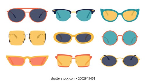 Party glasses. Fashion summer color accessory, trendy retro glasses collection, hipster fashionable eyeglasses. Vector isolated collection