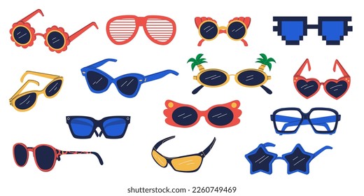 Party glasses. Funny sunglasses hippy groovy psychedelic retro style, cartoon geometric fashion eyewear icons different frames and forms. Vector collection of glasses to party illustration