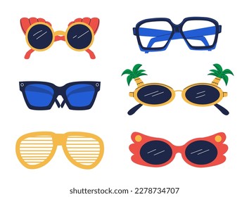 Party glasses. Funny sunglasses hippy groovy psychedelic retro style of sunglasses fashion and frame spectacles for hipster, eyeglasses vector illustration